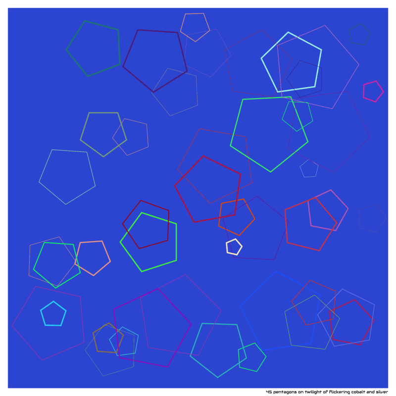 45 pentagons on twilight of flickering cobalt and silver