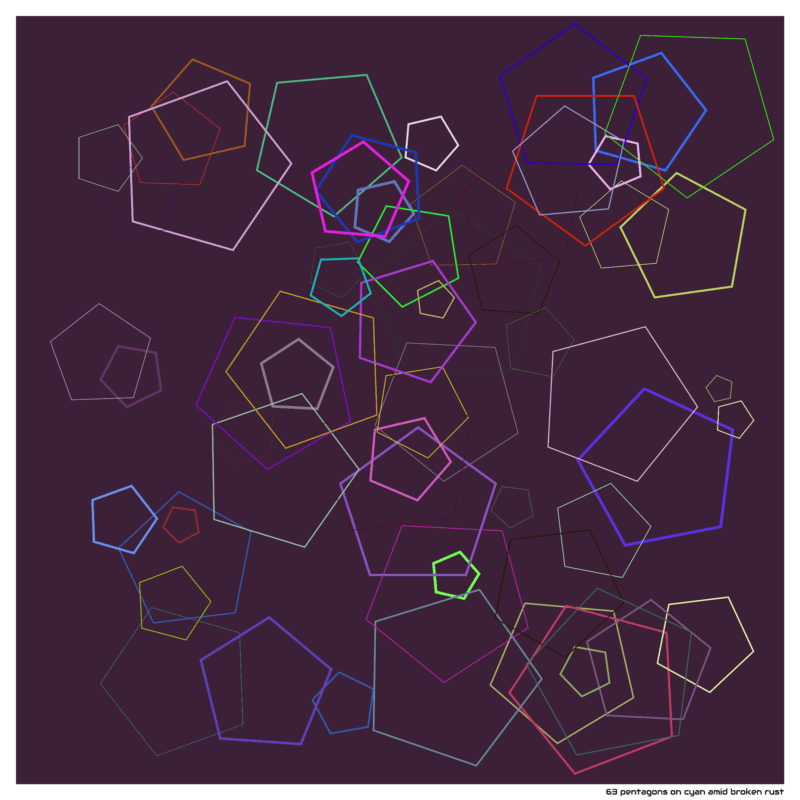 63 pentagons on cyan amid broken rust