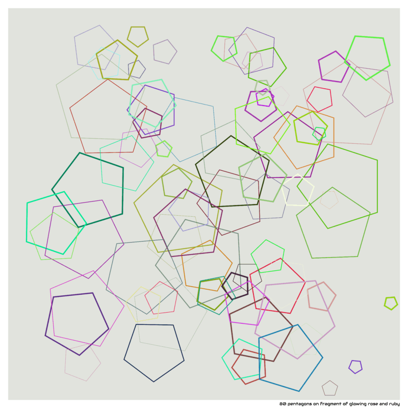 80 pentagons on fragment of glowing rose and ruby