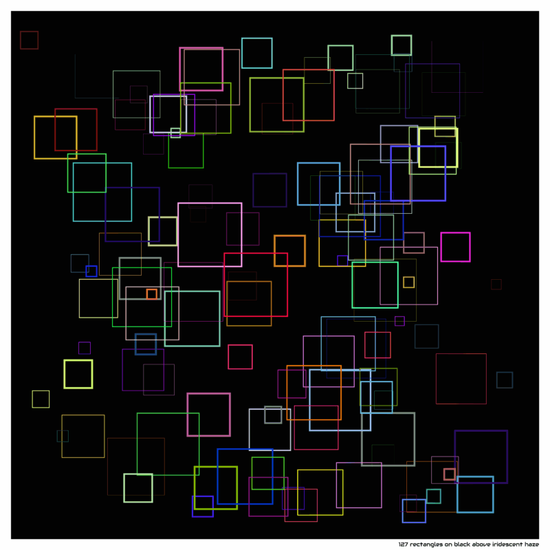 127 rectangles on black above iridescent haze