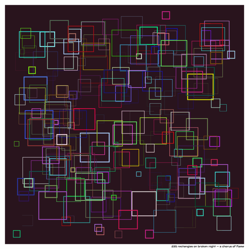 235 rectangles on broken night — a chorus of flame