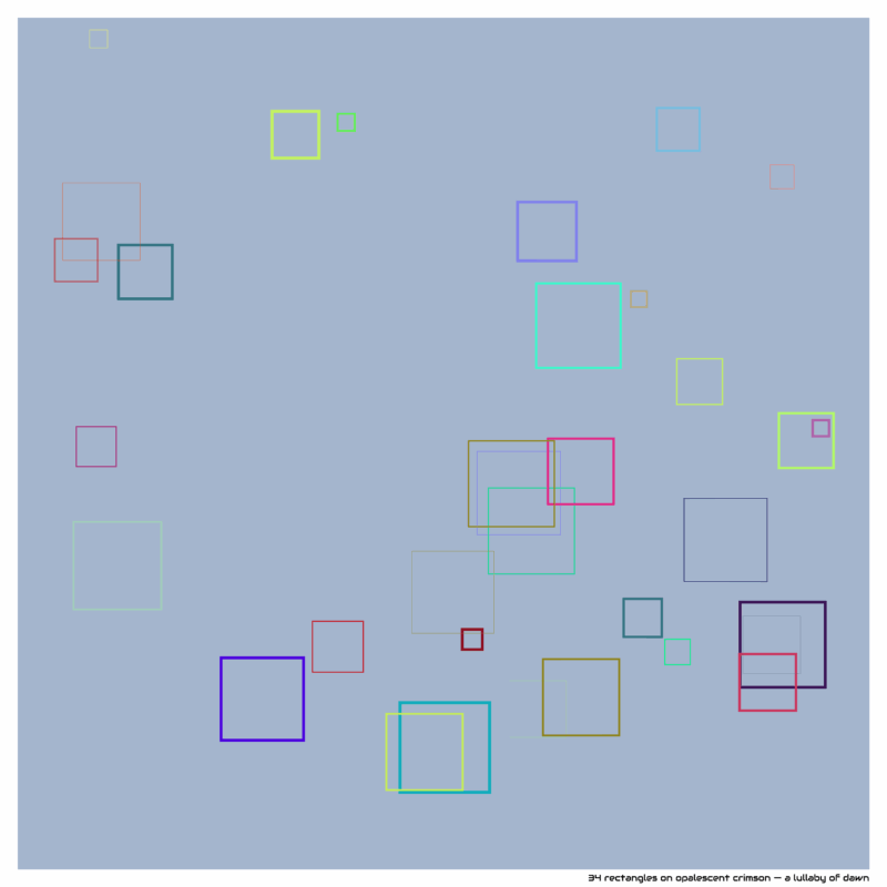 34 rectangles on opalescent crimson — a lullaby of dawn