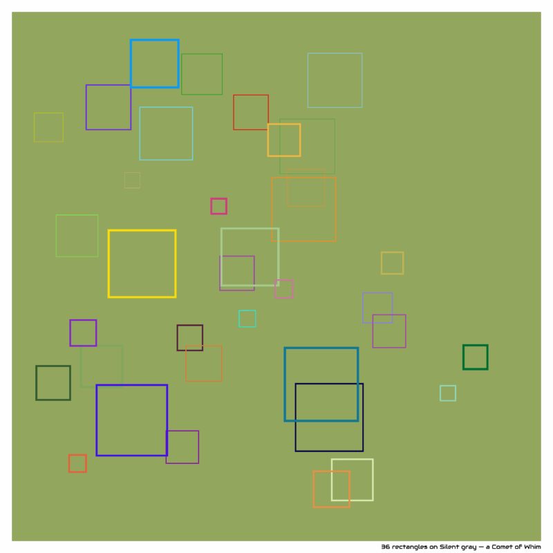 36 rectangles on Silent gray — a Comet of Whim