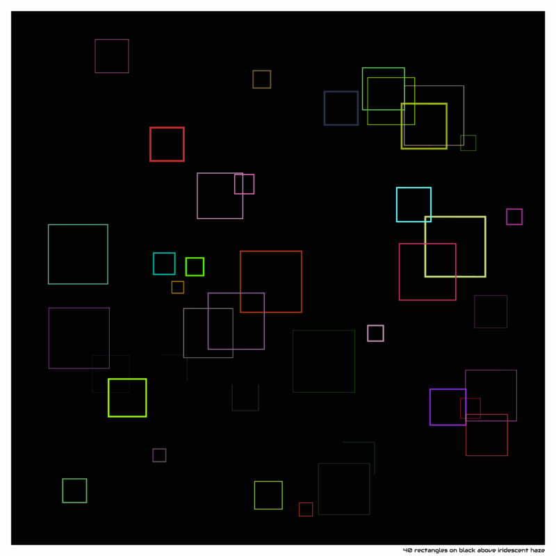 40 rectangles on black above iridescent haze