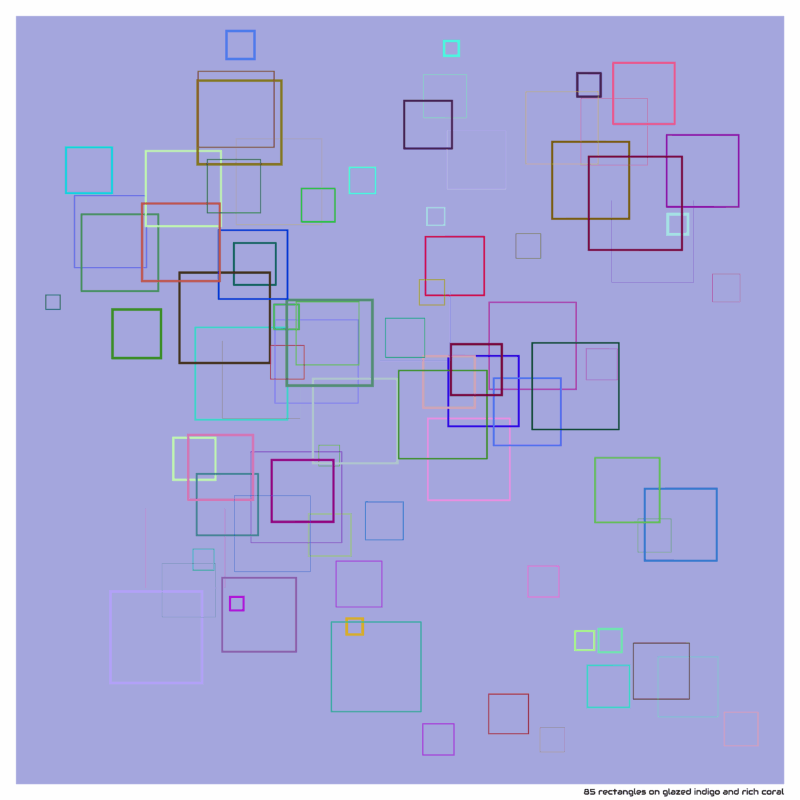 85 rectangles on glazed indigo and rich coral