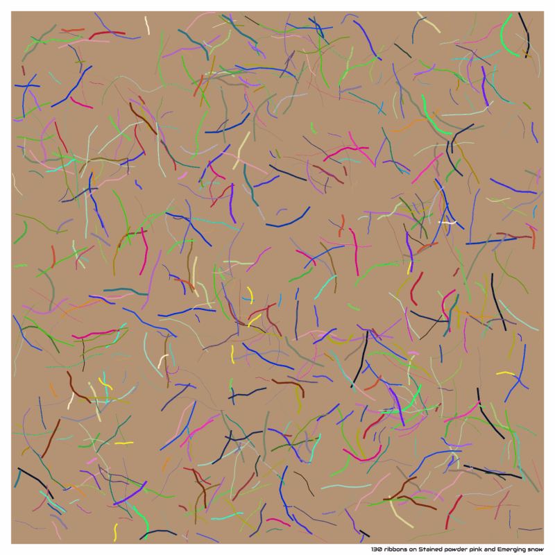 130 ribbons on Stained powder pink and Emerging snow