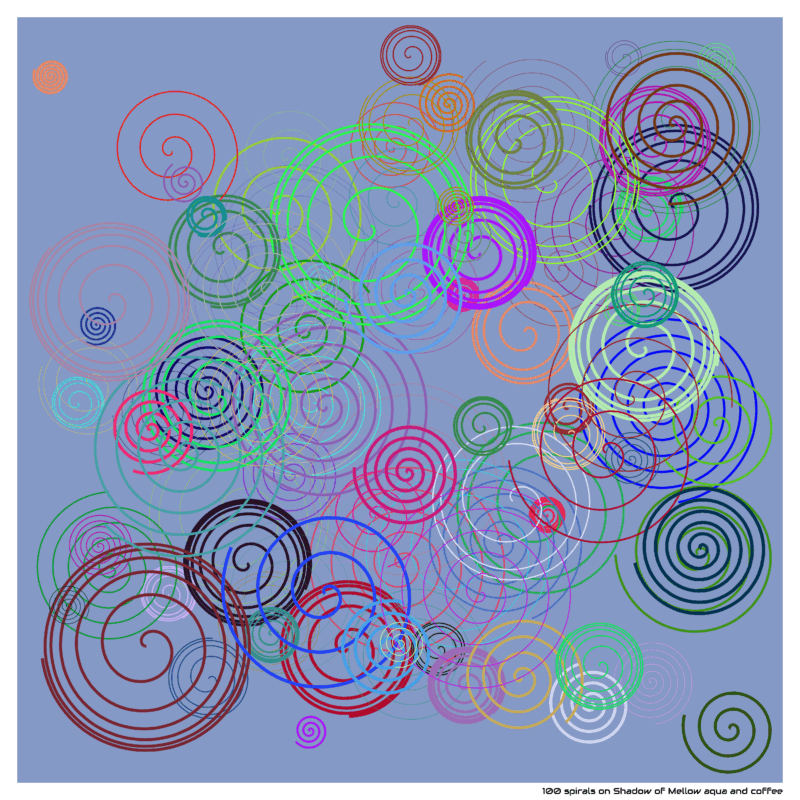 100 spirals on Shadow of Mellow aqua and coffee