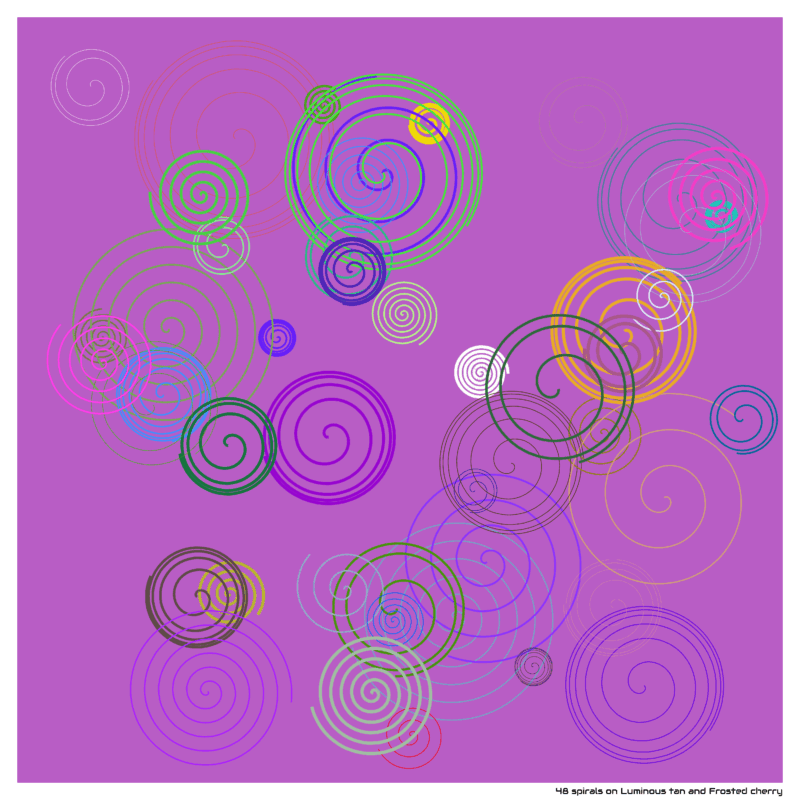 48 spirals on Luminous tan and Frosted cherry