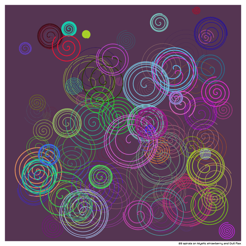 89 spirals on Mystic strawberry and Dull flax