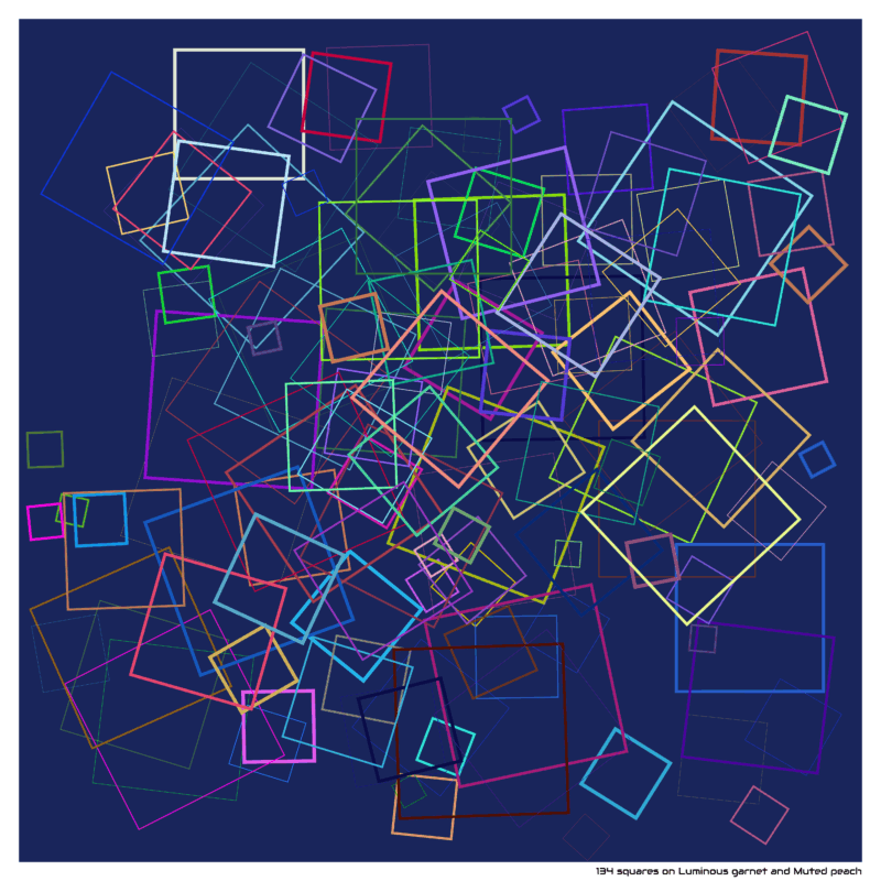 134 squares on Luminous garnet and Muted peach