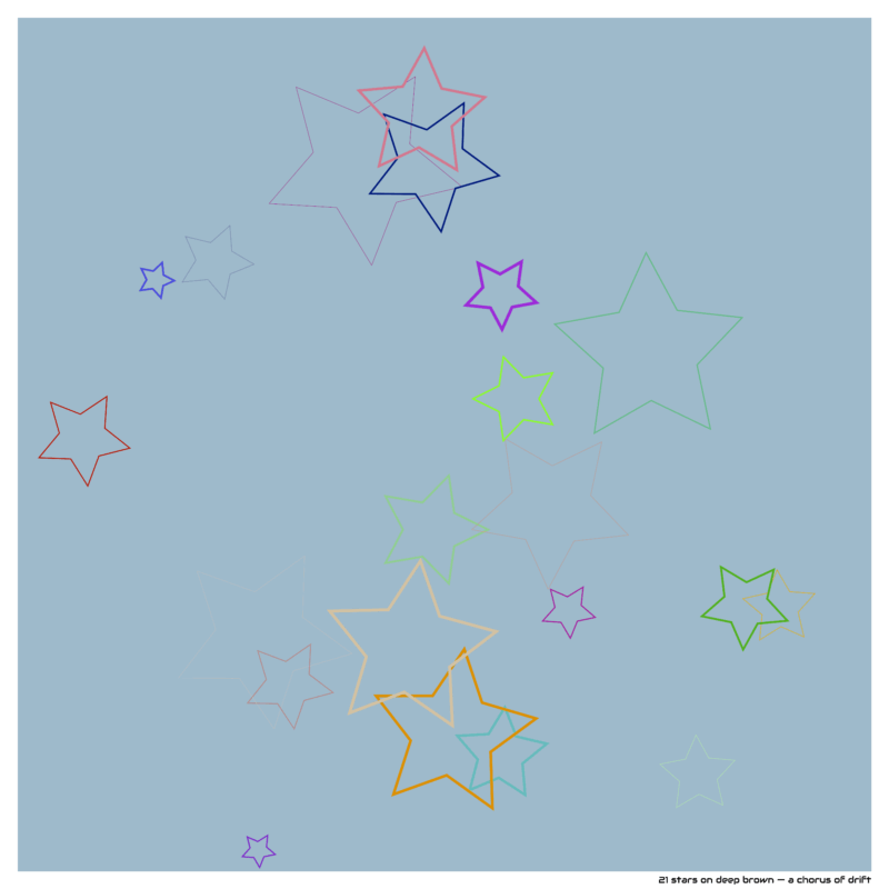 21 stars on deep brown — a chorus of drift