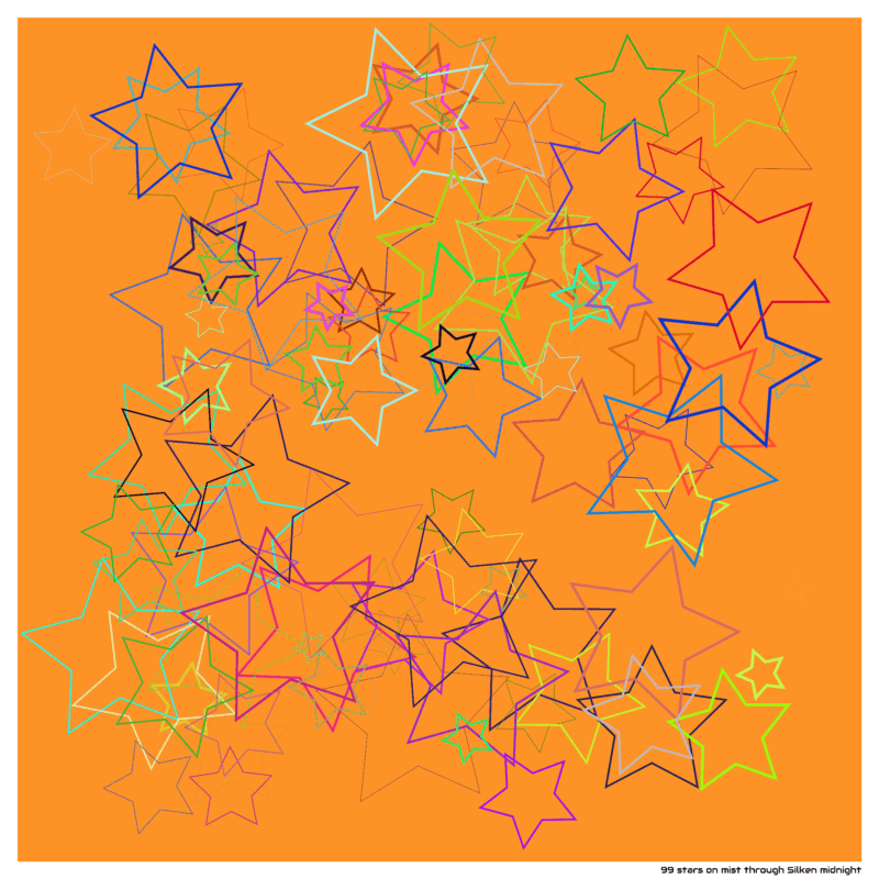 99 stars on mist through Silken midnight