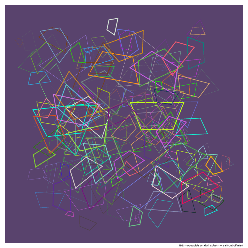 162 trapezoids on dull cobalt — a ritual of mist