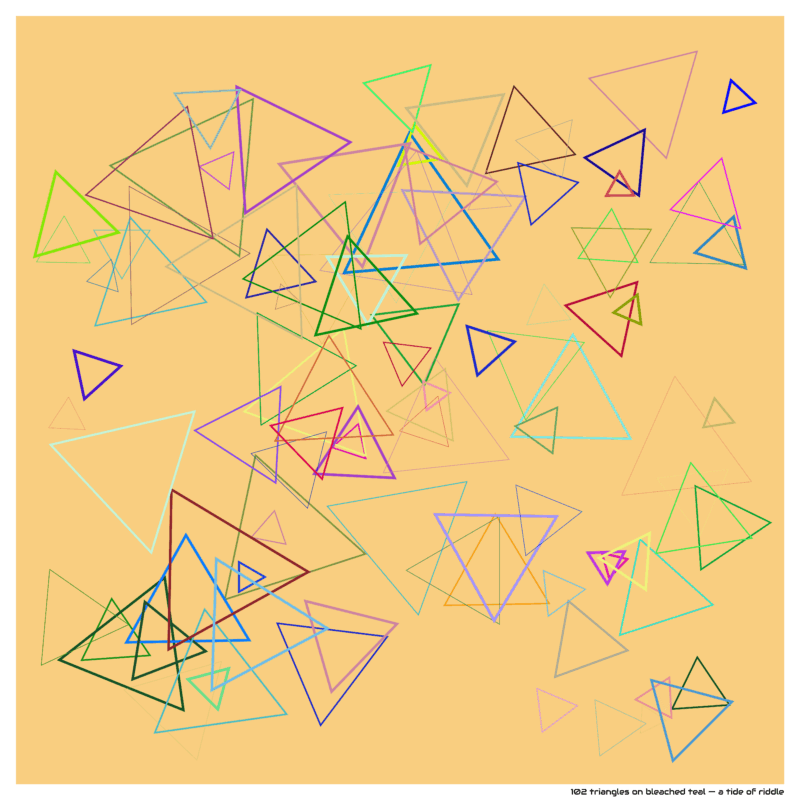 102 triangles on bleached teal — a tide of riddle
