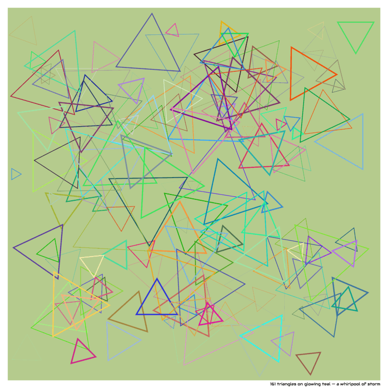 161 triangles on glowing teal — a whirlpool of storm