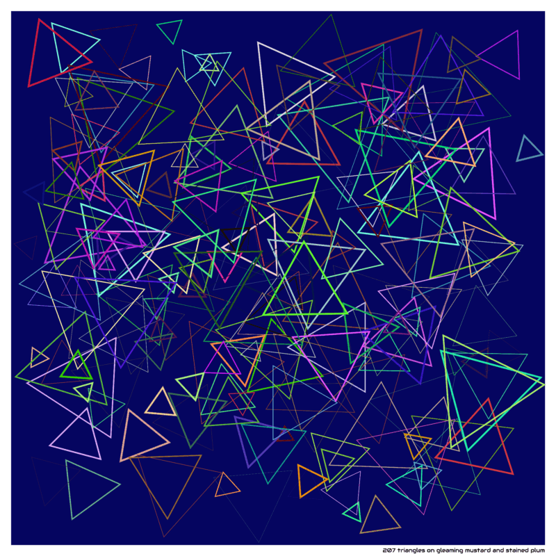 207 triangles on gleaming mustard and stained plum