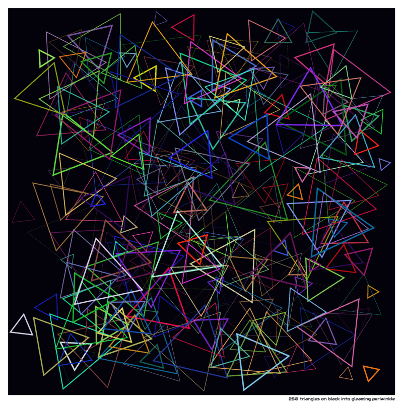 250 triangles on black into gleaming periwinkle