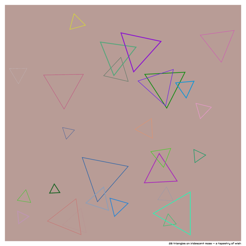 28 triangles on iridescent moss — a tapestry of wish