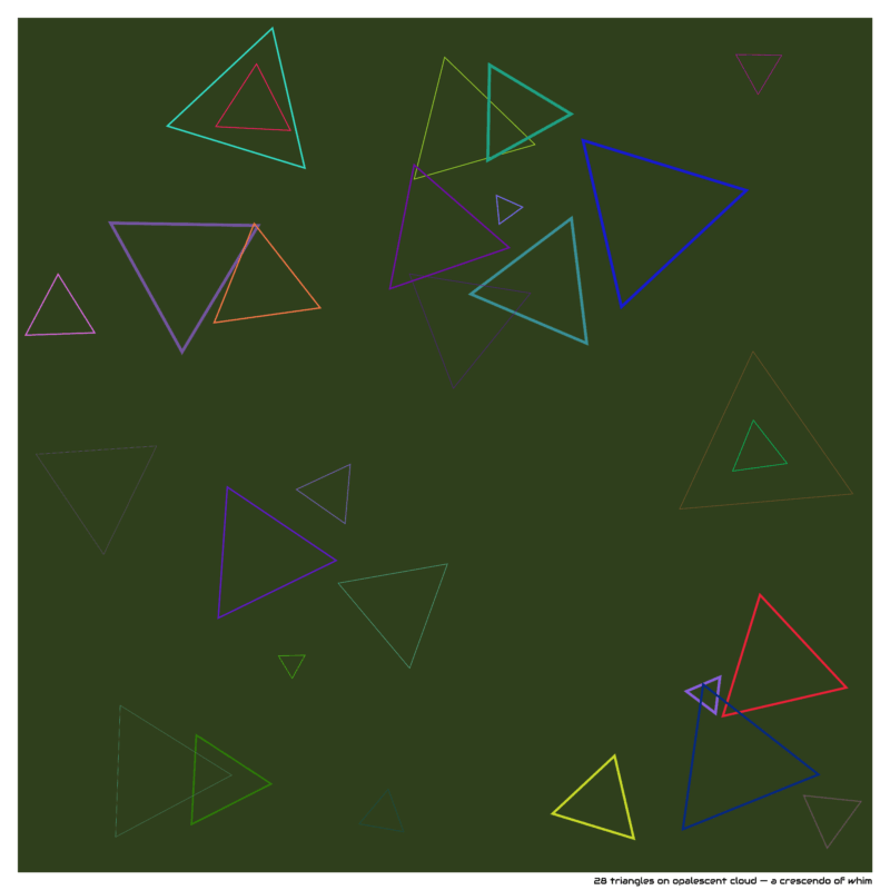 28 triangles on opalescent cloud — a crescendo of whim