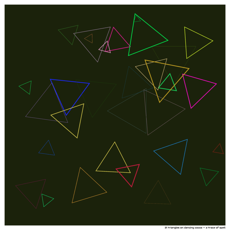 31 triangles on dancing cocoa — a trace of spell