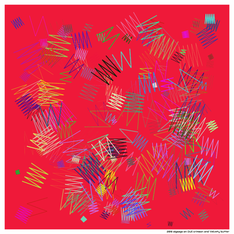 208 zigzags on Dull crimson and Velvety butter