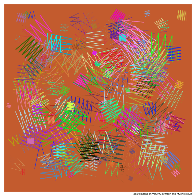 250 zigzags on Velvety crimson and Mystic cloud