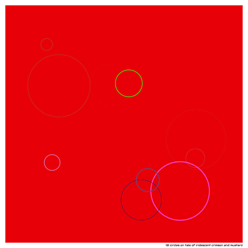10 circles on tale of iridescent crimson and mustard