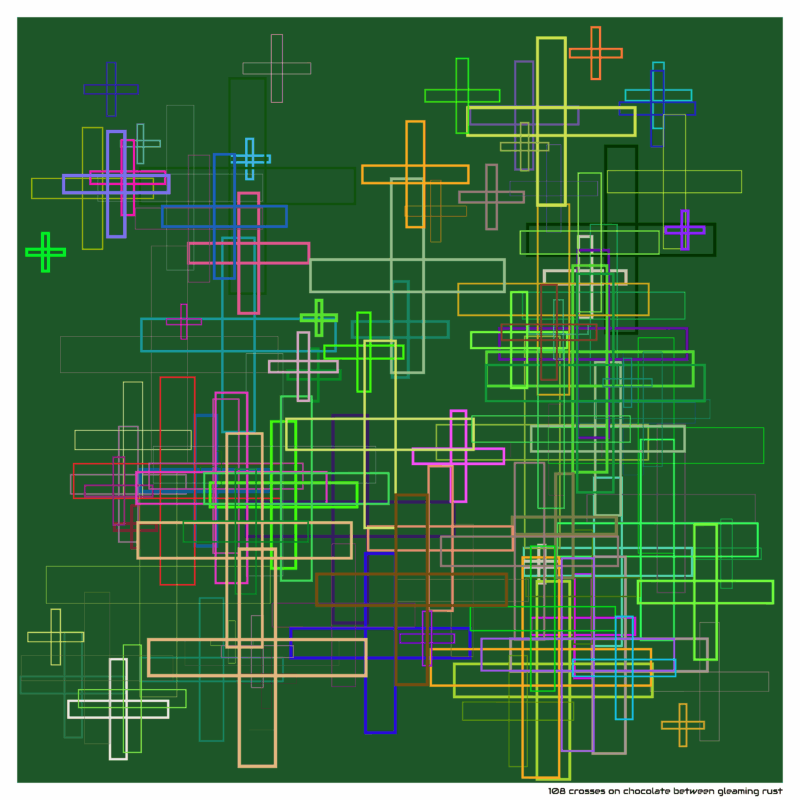 108 crosses on chocolate between gleaming rust