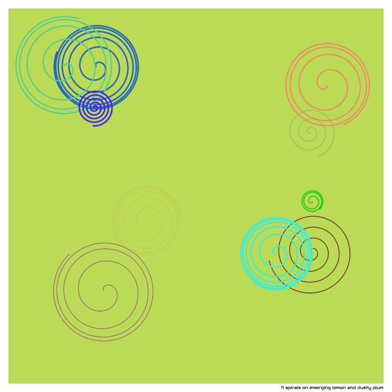 11 spirals on emerging lemon and dusty plum