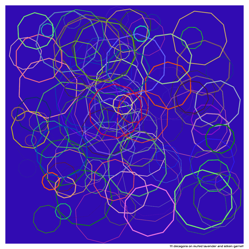 111 decagons on muted lavender and silken garnet