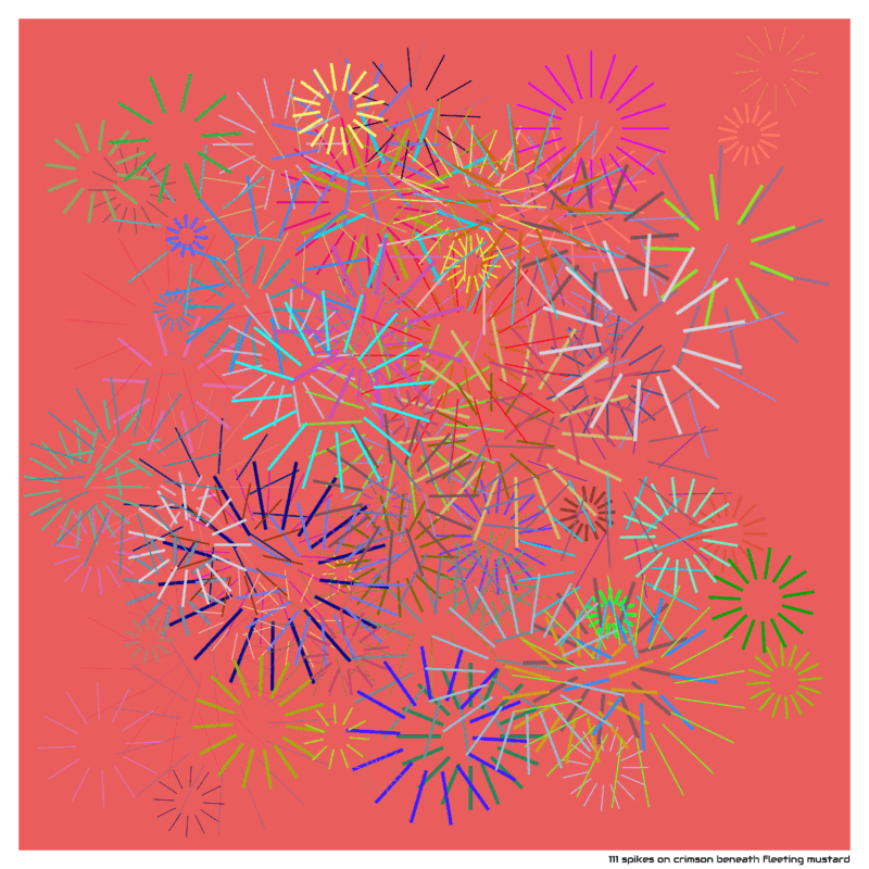 111 spikes on crimson beneath fleeting mustard