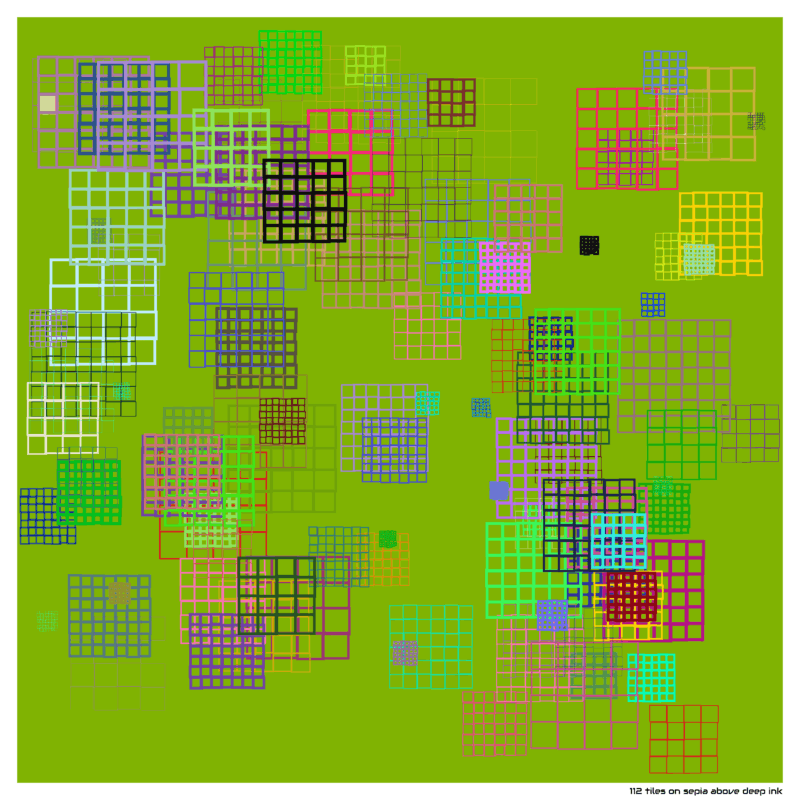 112 tiles on sepia above deep ink