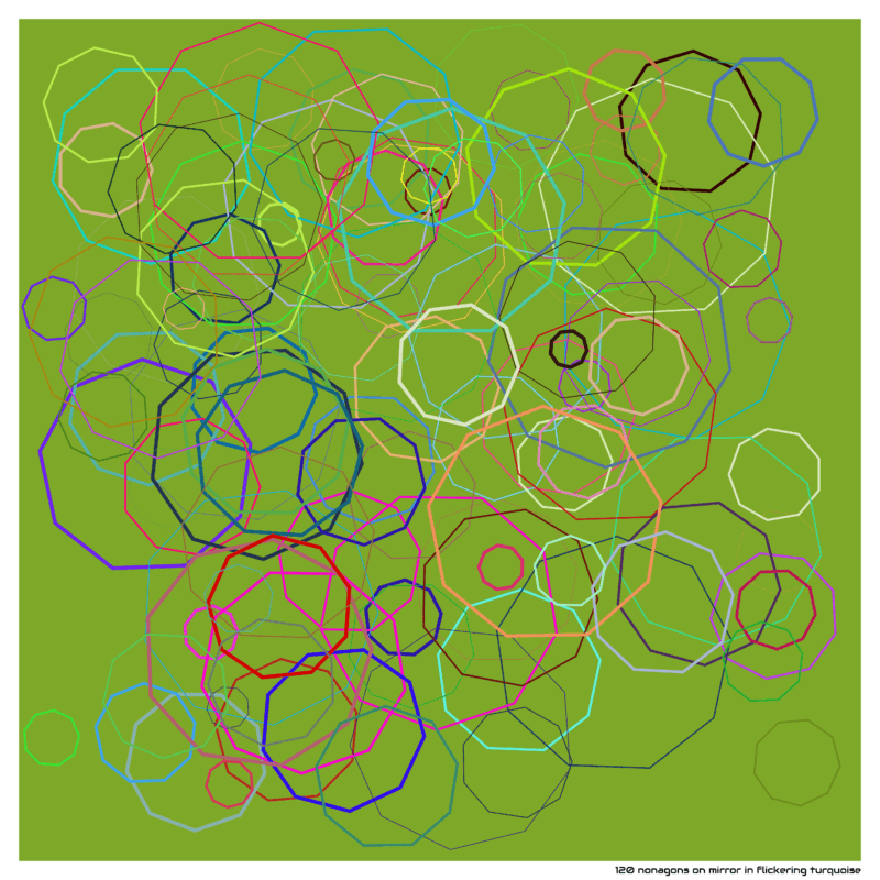 120 nonagons on mirror in flickering turquoise