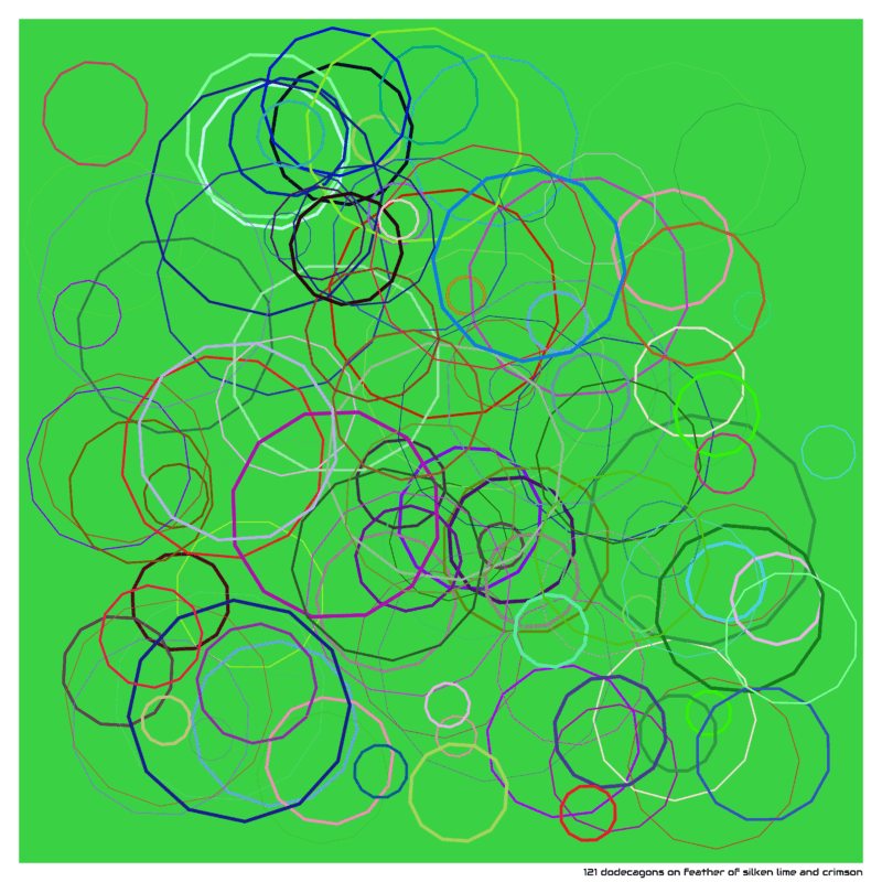 121 dodecagons on feather of silken lime and crimson