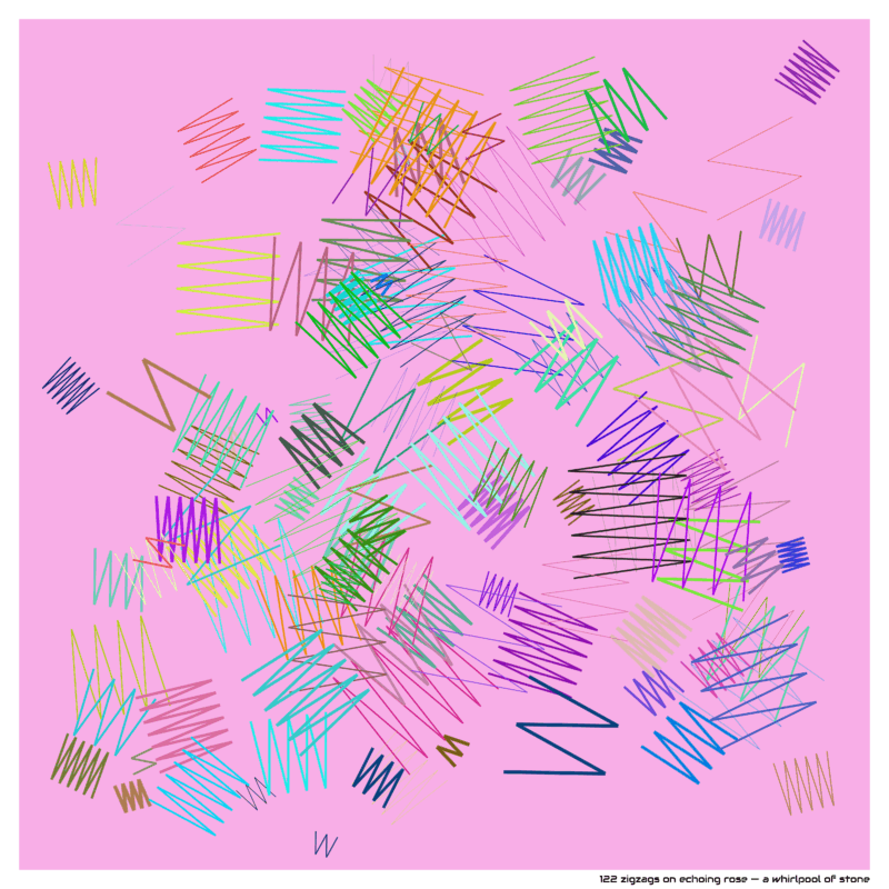 122 zigzags on echoing rose — a whirlpool of stone
