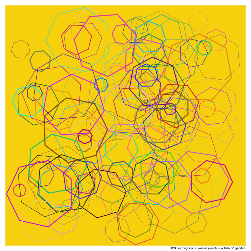 129 heptagons on veiled peach — a tide of garden