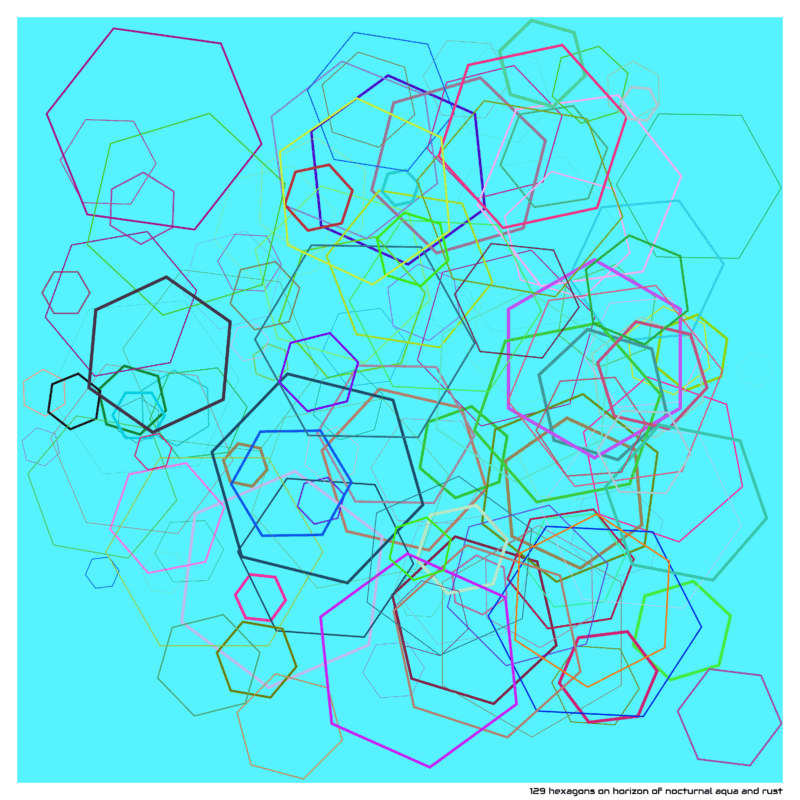 129 hexagons on horizon of nocturnal aqua and rust