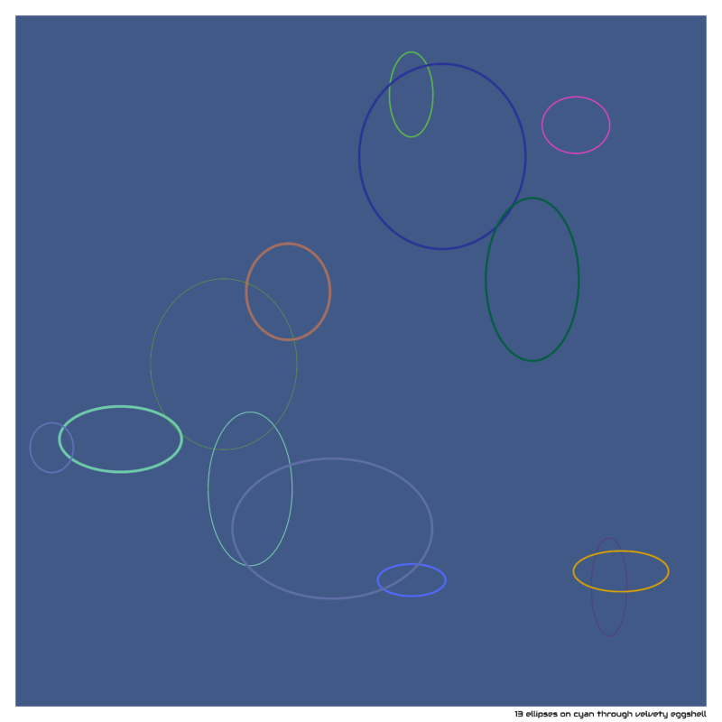 13 ellipses on cyan through velvety eggshell