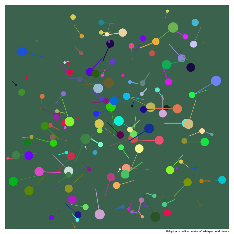 136 pins on silken slate of whisper and bloom
