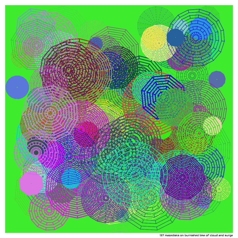 137 mazedisks on burnished lime of cloud and surge