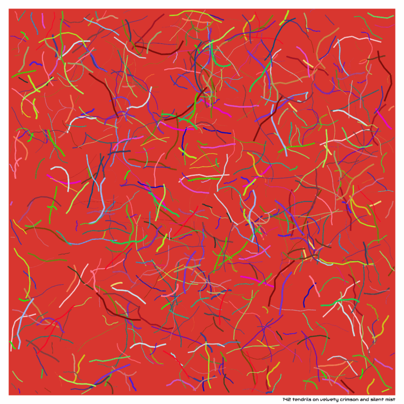 142 tendrils on velvety crimson and silent mist