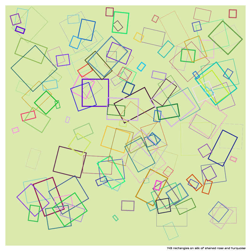 143 rectangles on silk of stained rose and turquoise