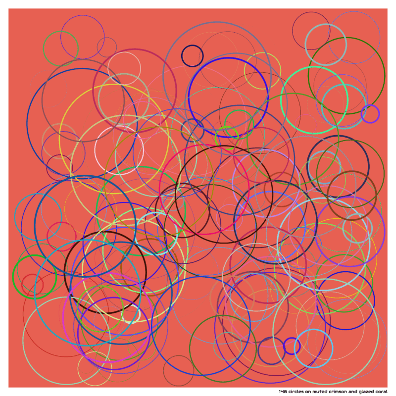 148 circles on muted crimson and glazed coral