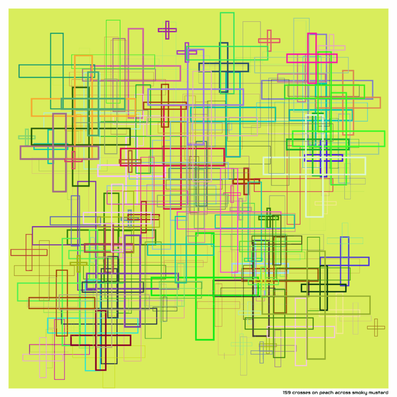 159 crosses on peach across Smoky mustard