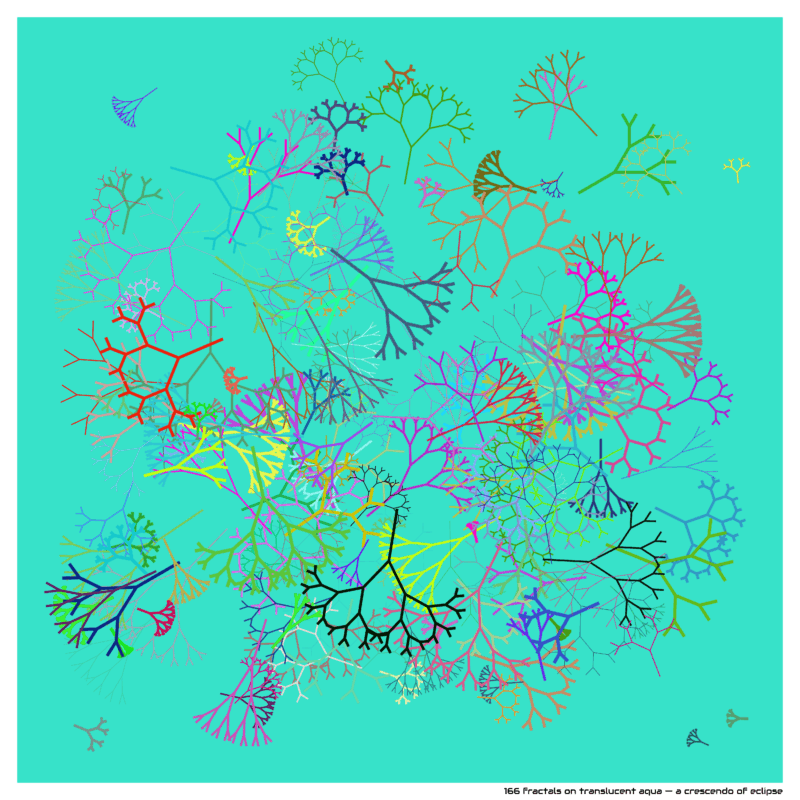 166 fractals on translucent aqua — a crescendo of eclipse