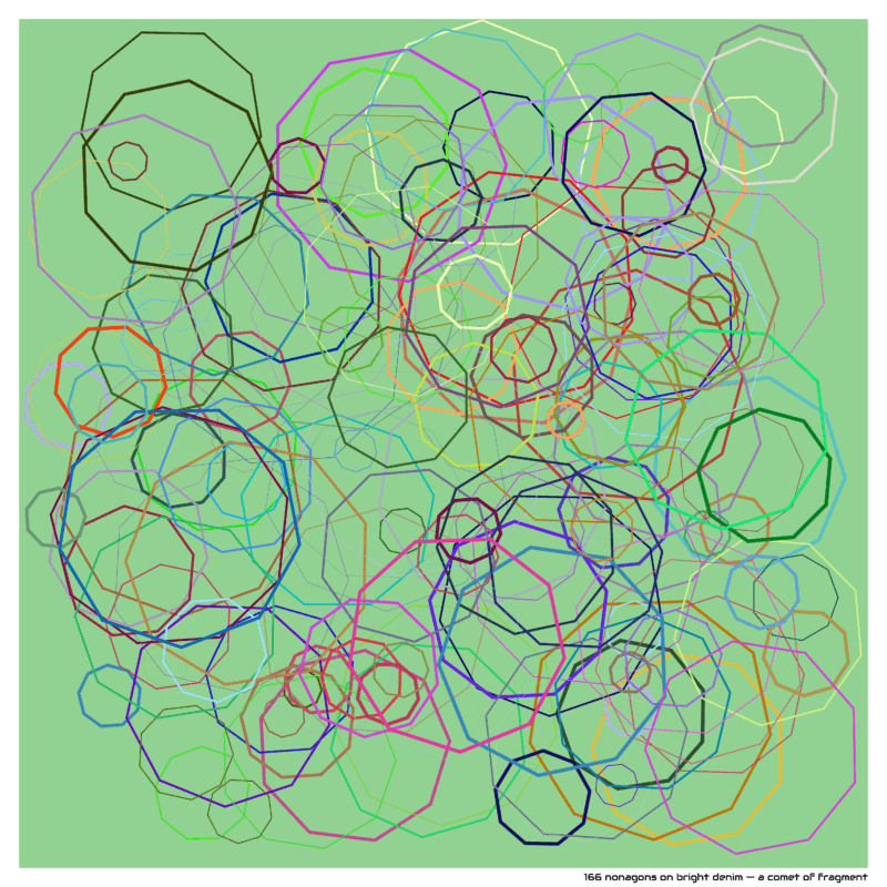 166 nonagons on bright denim — a comet of fragment