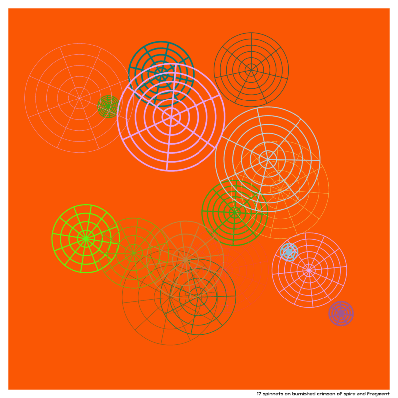 17 spinnets on burnished crimson of spire and fragment