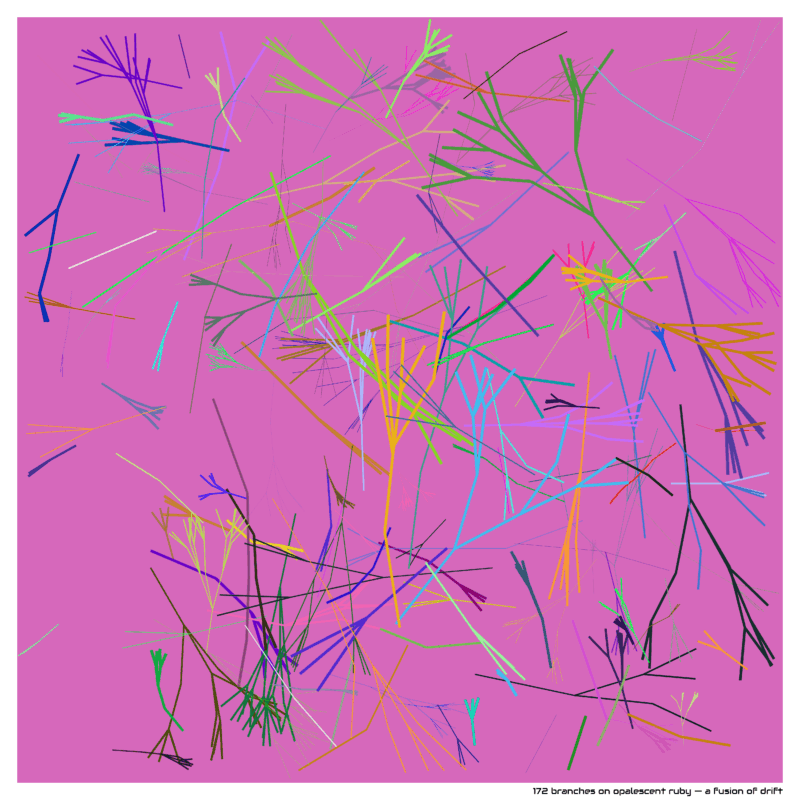 172 branches on opalescent ruby — a fusion of drift