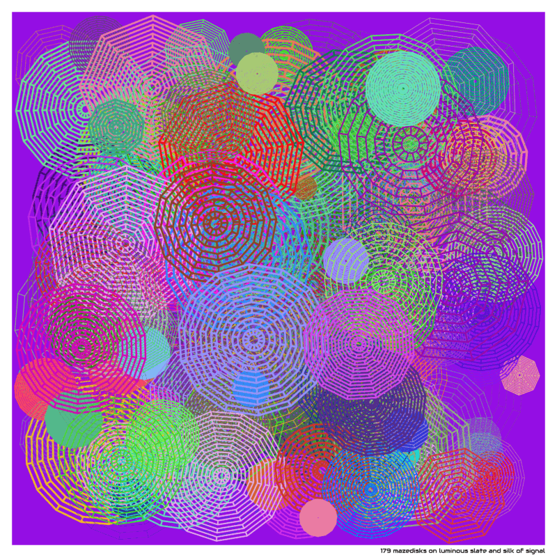 179 mazedisks on luminous slate and silk of signal