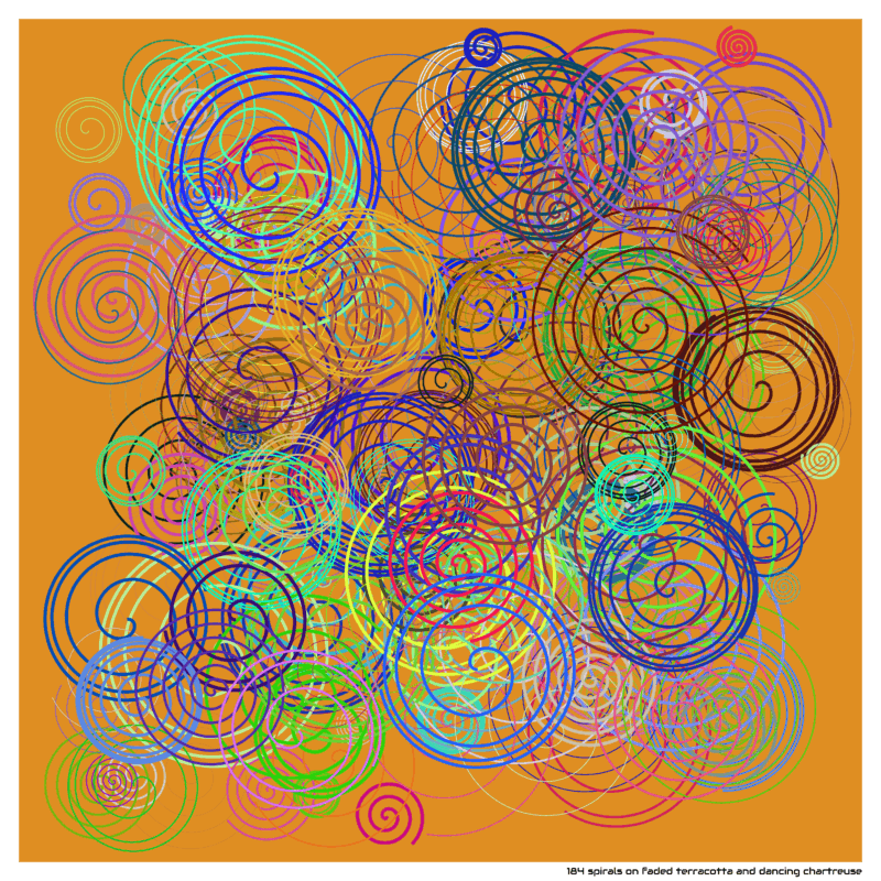 184 spirals on faded terracotta and dancing chartreuse